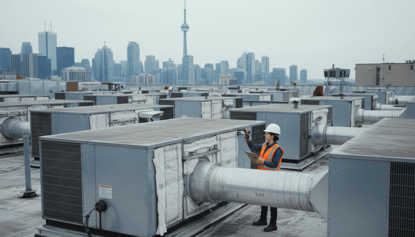 Energy auditor with thermal camera inspecting commercial HVAC units on a Toronto rooftop