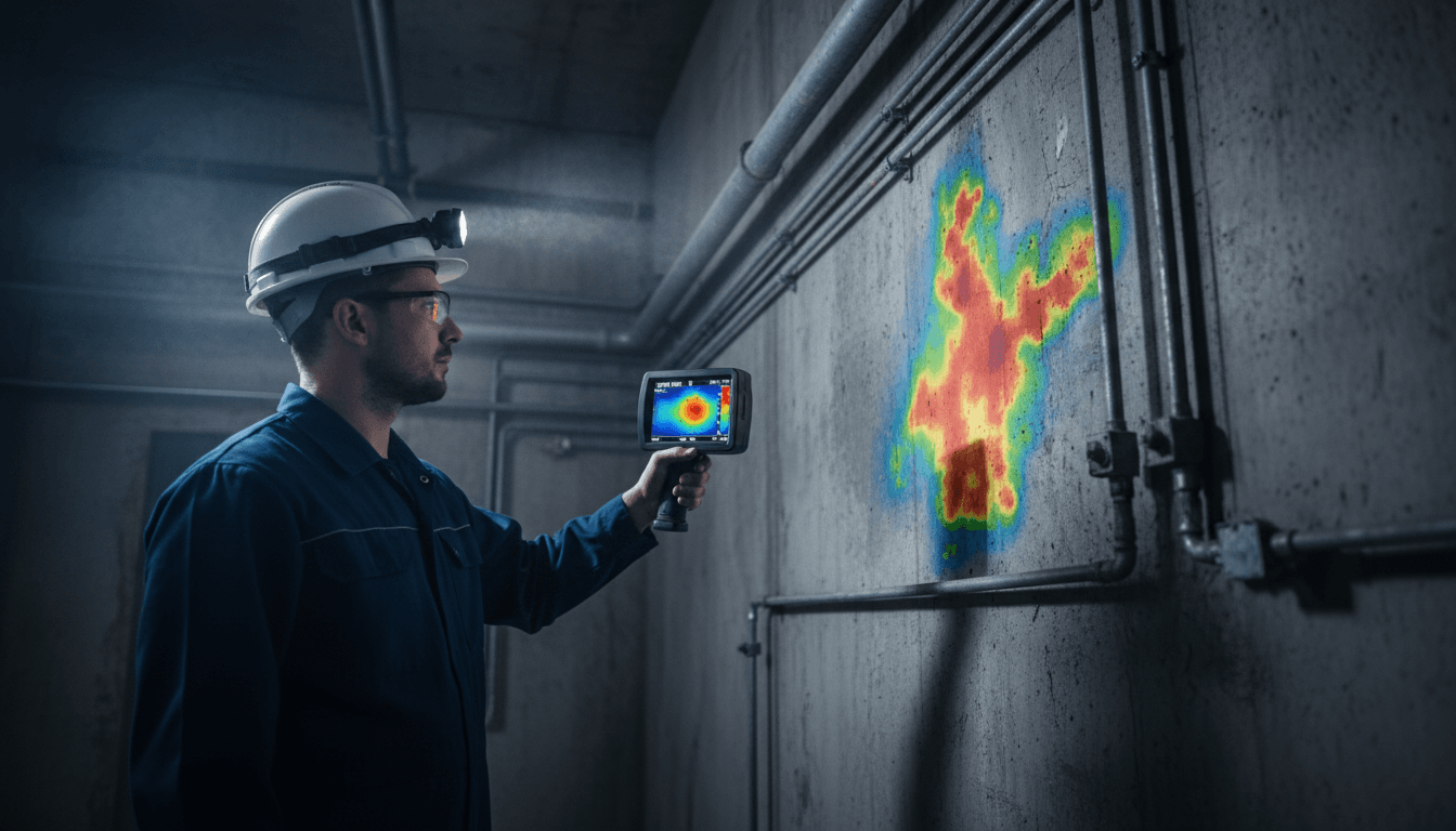 Technician pointing a thermal imaging camera at a commercial building wall