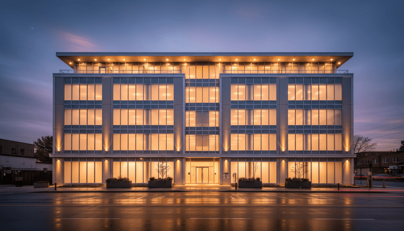 Exterior of a commercial building in Toronto at dusk