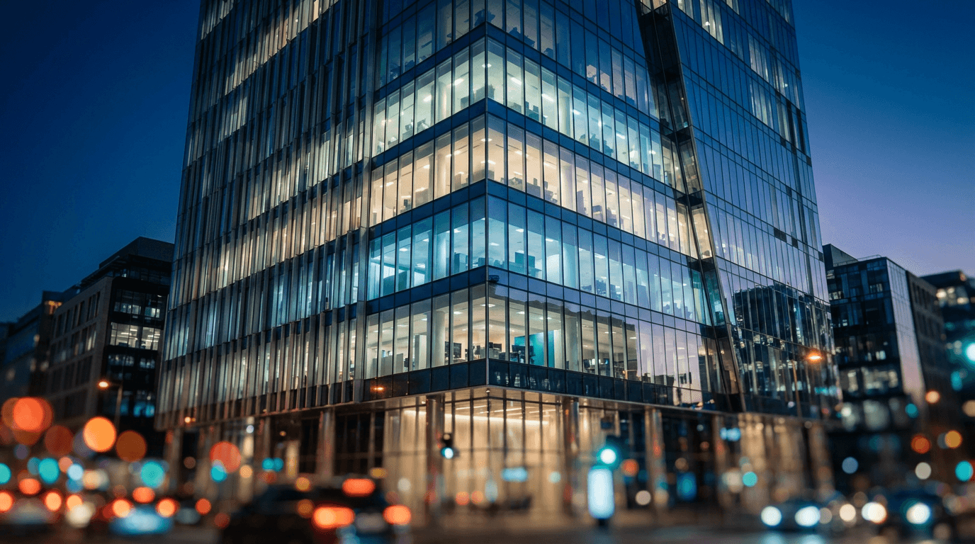 Energy consultant reviewing building performance data on a tablet outside a Toronto commercial property
