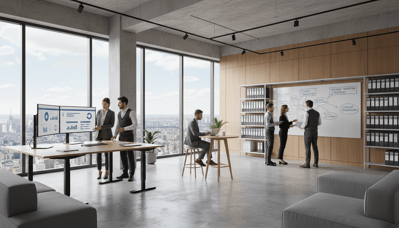 Energy consultant reviewing building performance data outside a Toronto commercial property