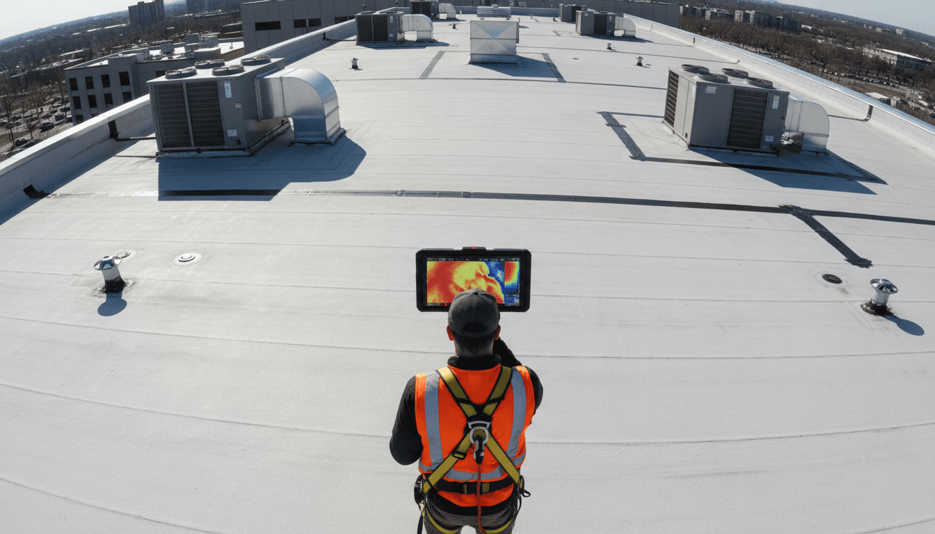 Technician using thermal imaging camera to inspect attic insulation in a commercial building