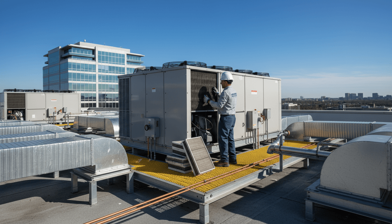 Energy consultant in a hard hat inspecting an HVAC unit on a commercial rooftop in Toronto